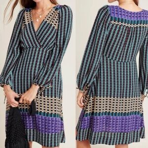 Maeve By Anthropologie Gianna Tunic Geometric V Neck Dress Pockets Size 2